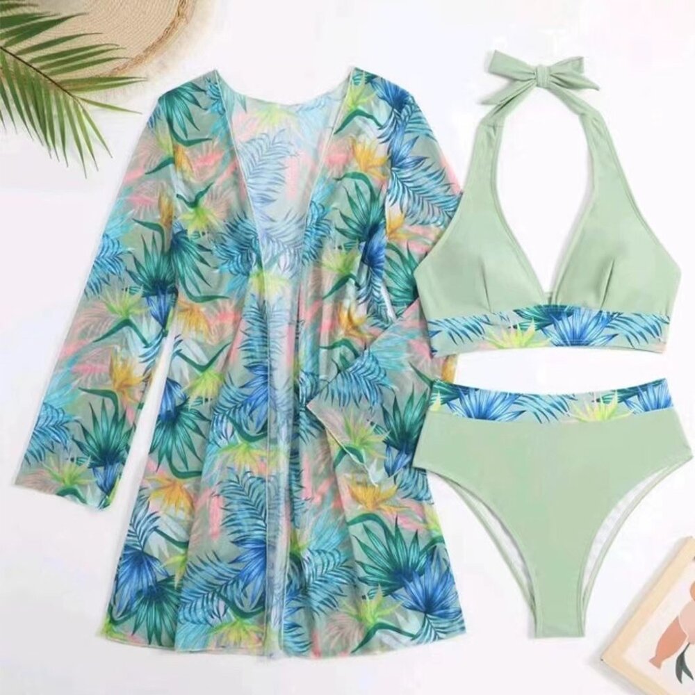 Laurel Green 3pcs Tropical Contrast Trim Halter Bikini Set with Cover